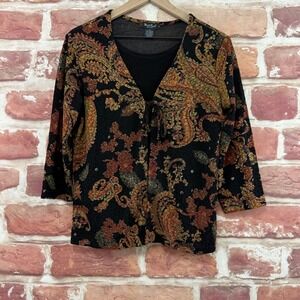 West End Top Women's PL Black Multicolor Boho Paisley Shirt Slinky Combo Shirt
